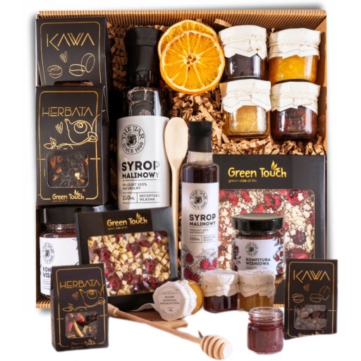KOSZ PREZENTOWY PREZENT NA ŚWIĘTA ZESTAW HERBATA KAWA PREMIUM BOX SYROP